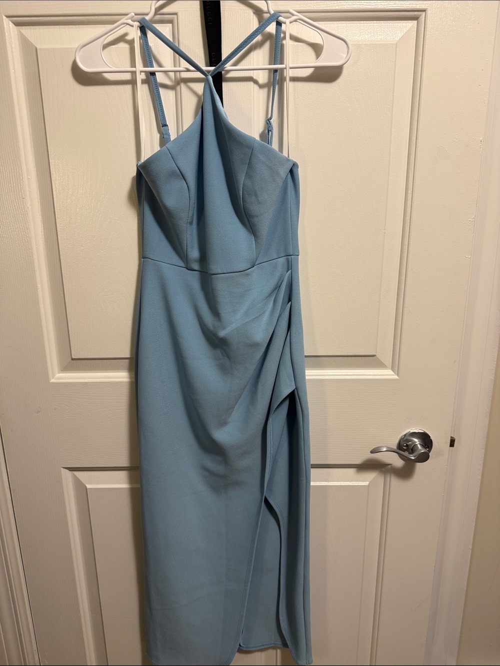 Hello Molly Dusty Blue Midi Dress with Draped Side